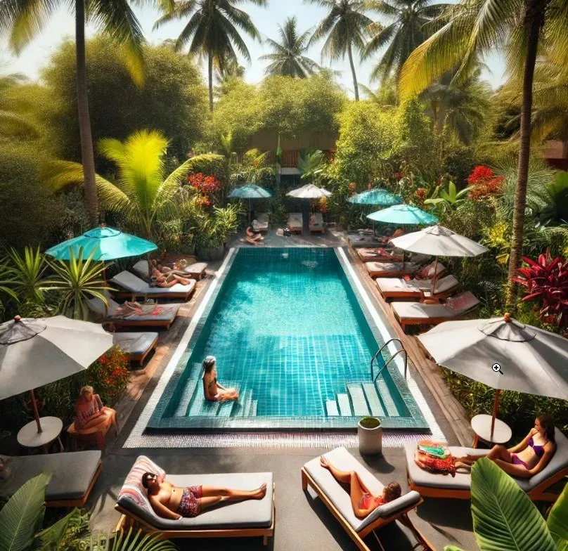 Serena Condos landscaped tropical garden lounge in Playas del Coco